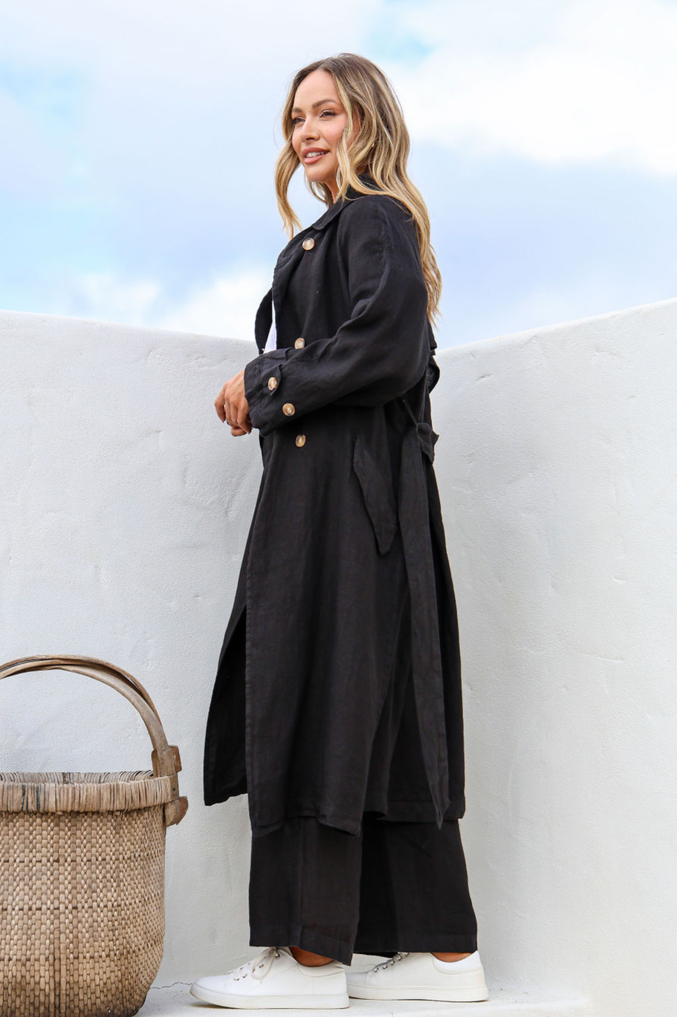 'Teddi' Linen Trench Coat - Black
