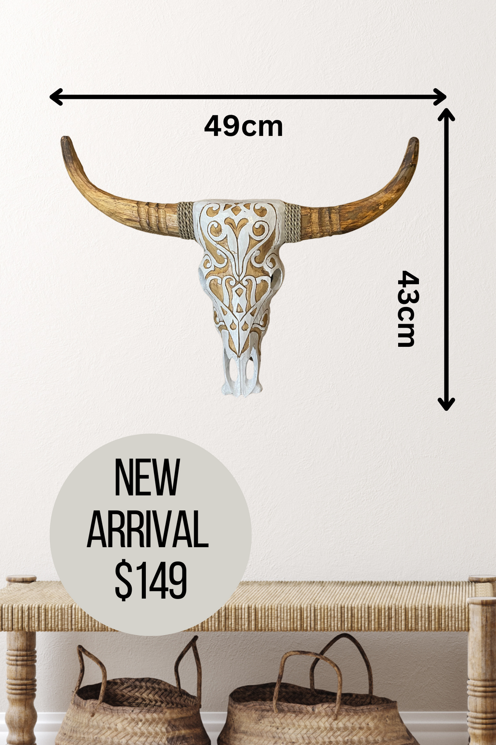 Hand Carved Wood Buffalo Skull Wall Hanging - Medium