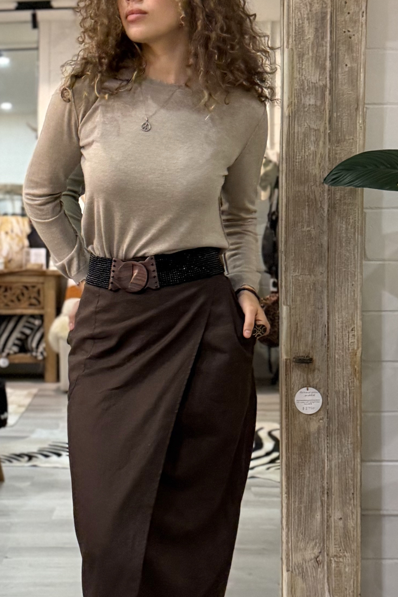 'Indie' Long Linen Skirt - Black/Umber