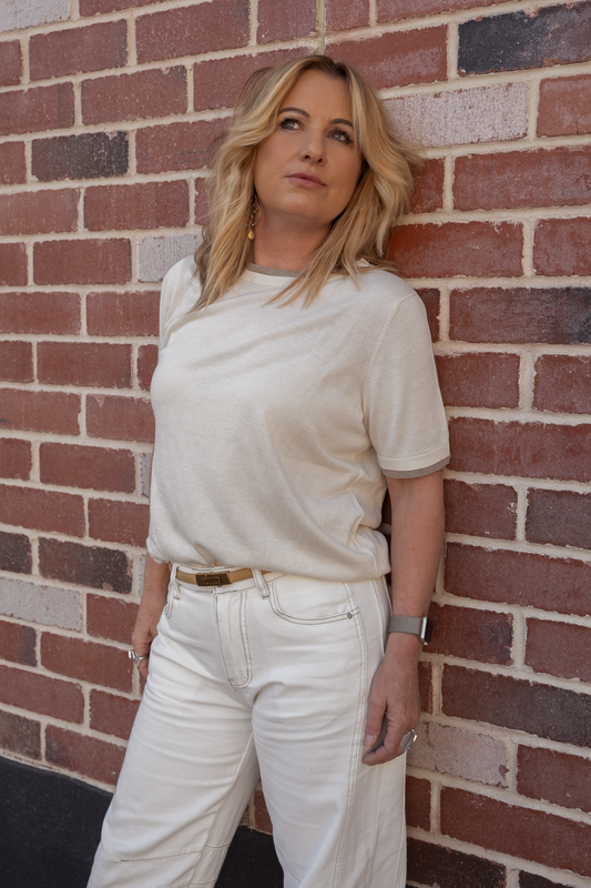 'Monroe' Mongolian Cashmere and Silk Top - Ivory/Camel