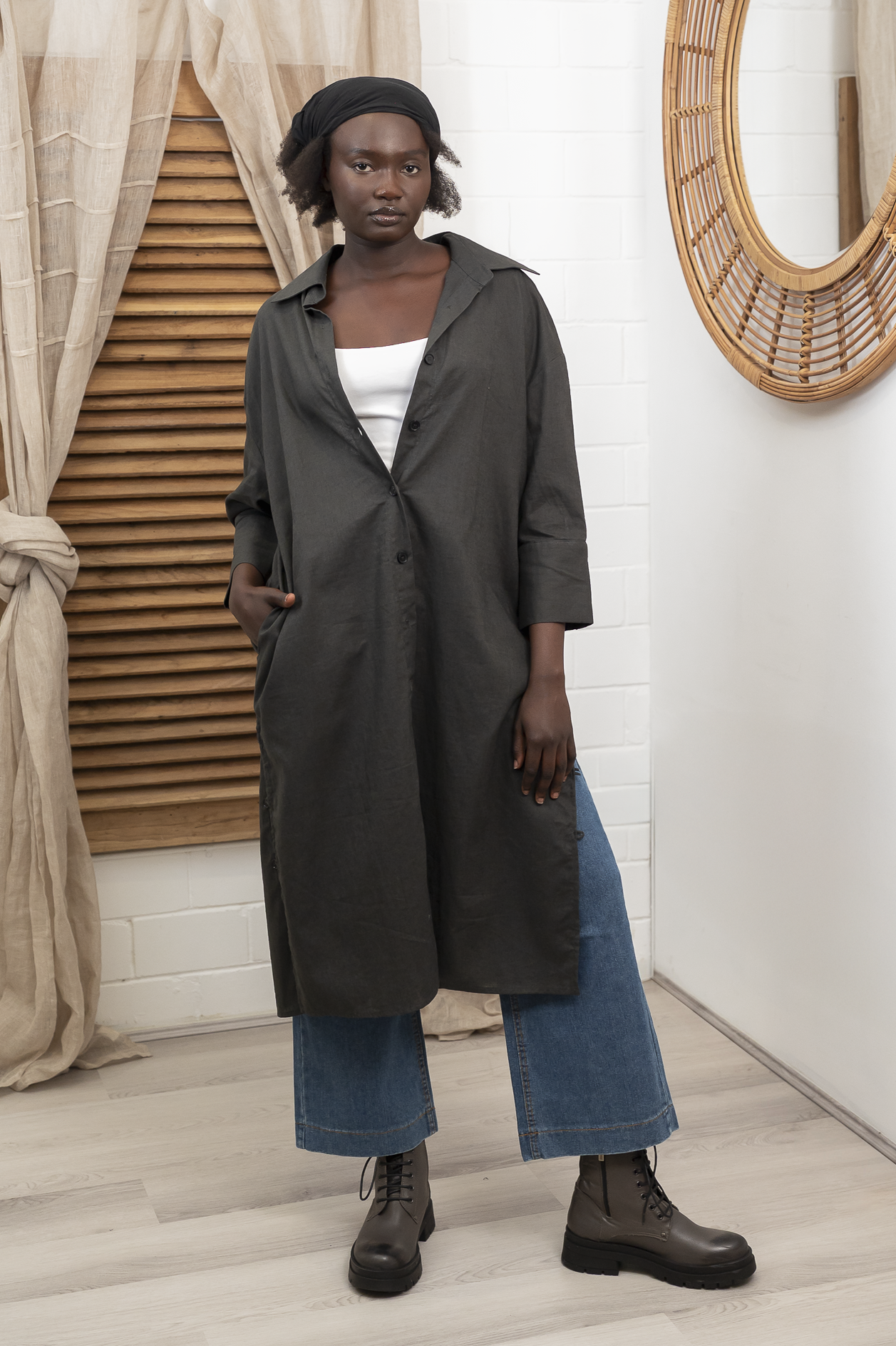'Nadia' Linen Coat/ Dress - Charcoal