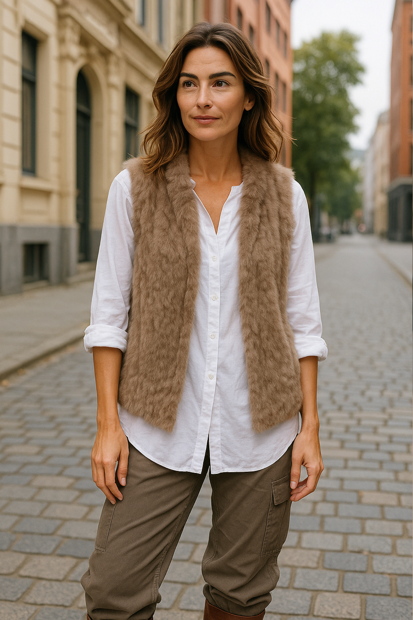 'Paris' Genuine Fur Vest - Camel