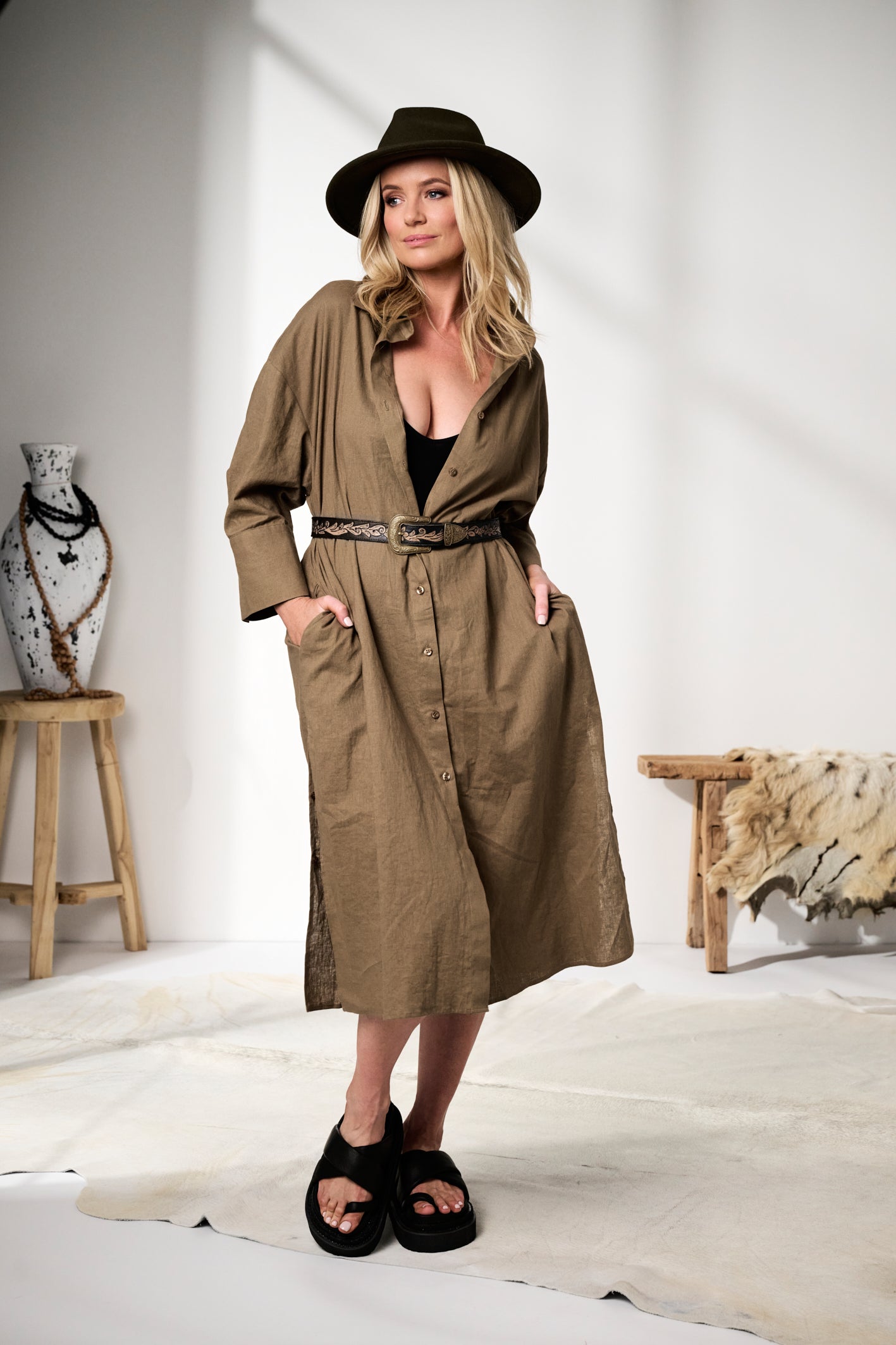 'Nadia' Linen Coat/Dress - Khaki