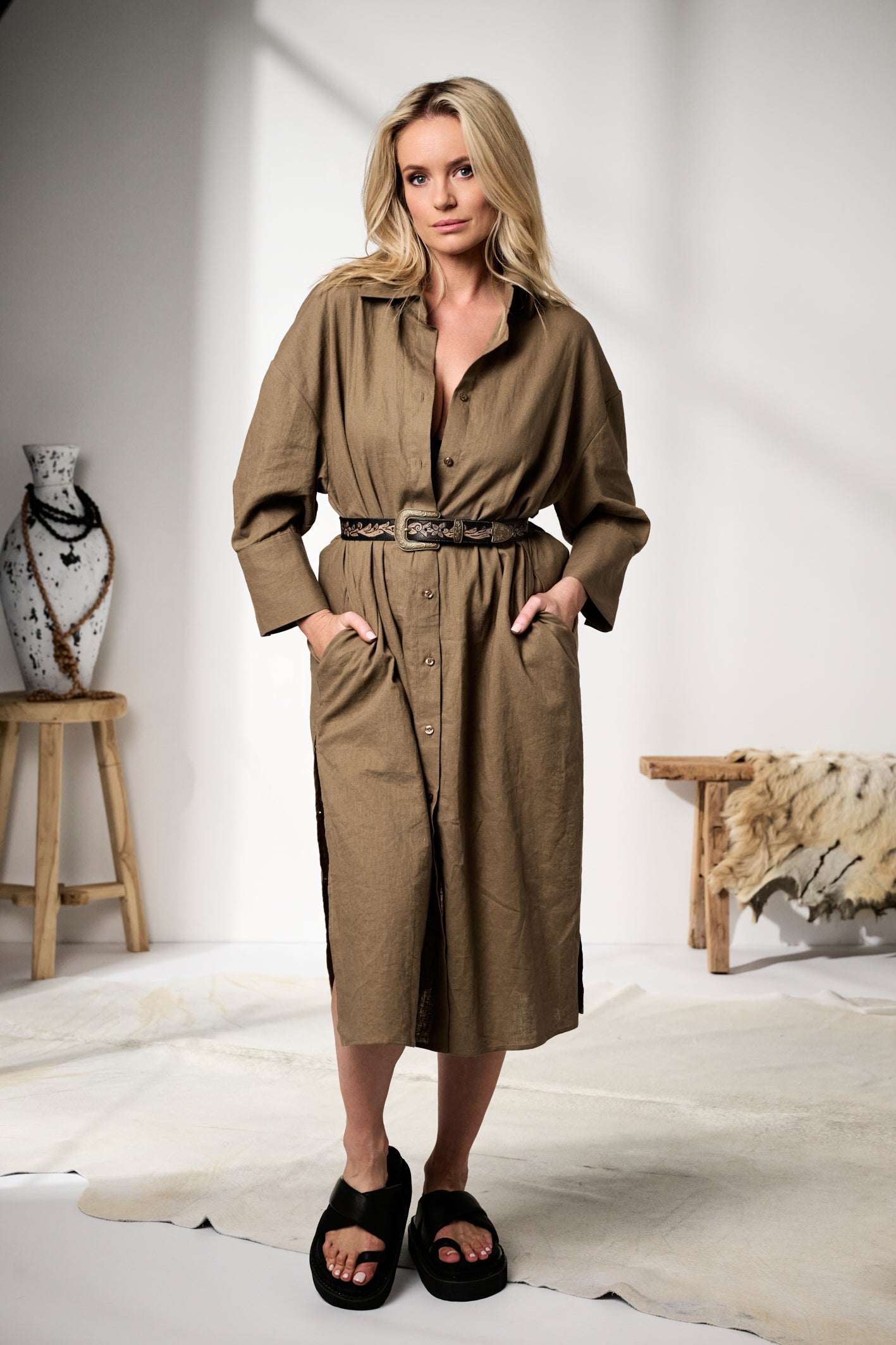 'Nadia' Linen Coat/Dress - Khaki