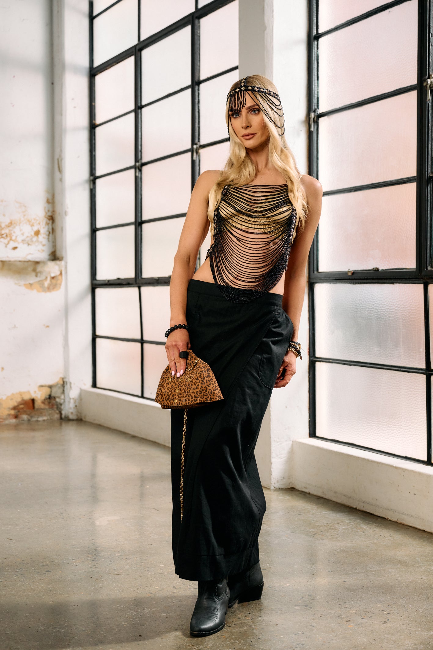 'Indie' Long Linen Skirt - Black/Umber