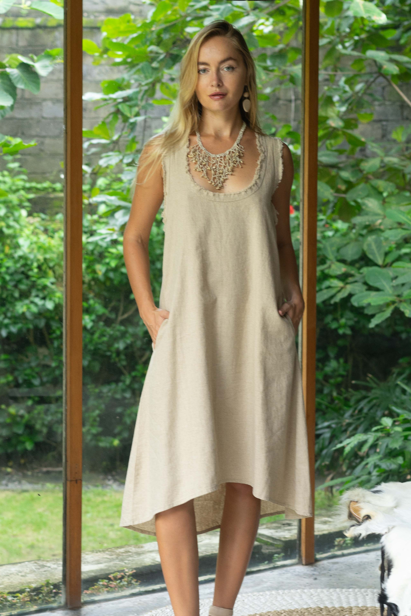 'Dominique' Racer Back Linen Dress - Natural