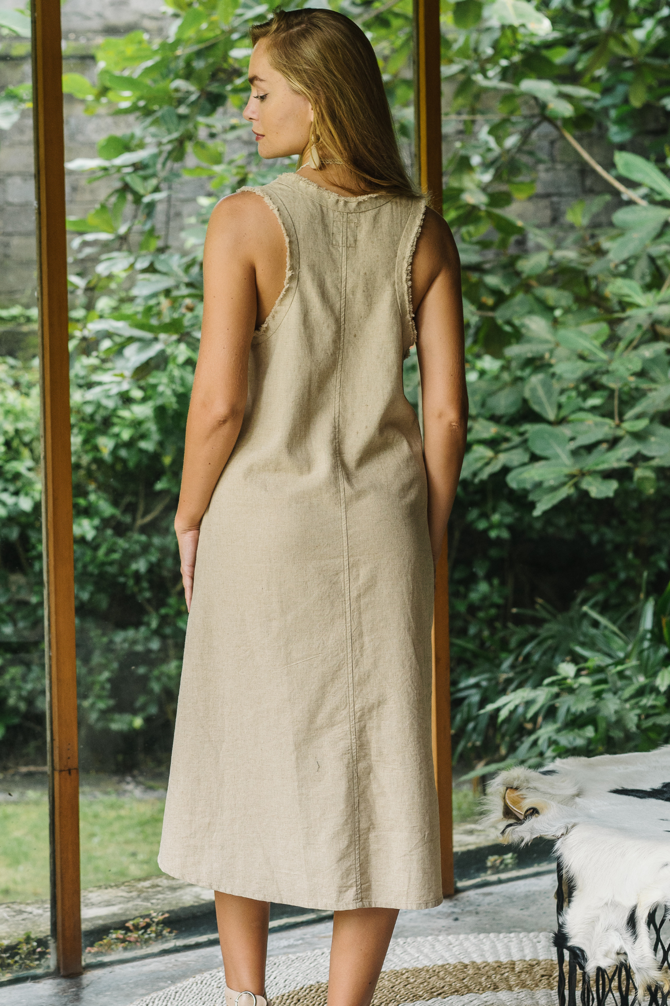 'Dominique' Racer Back Linen Dress - Natural
