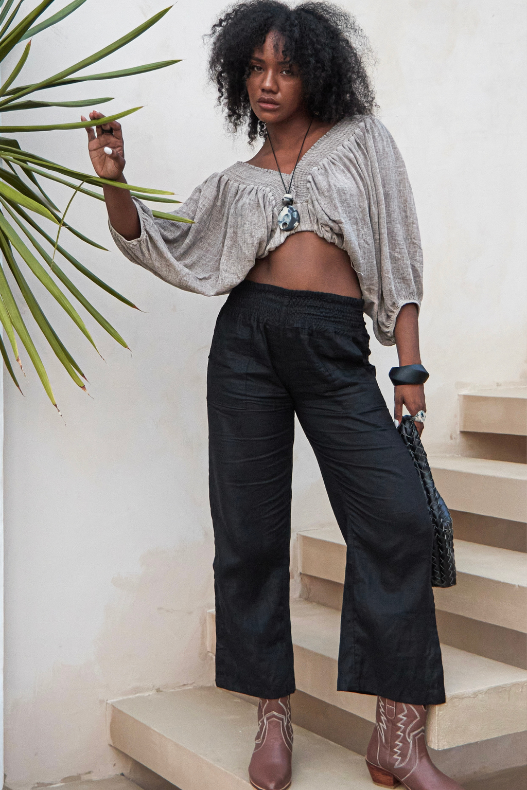 'Alice' Crop Top - Black/Taupe