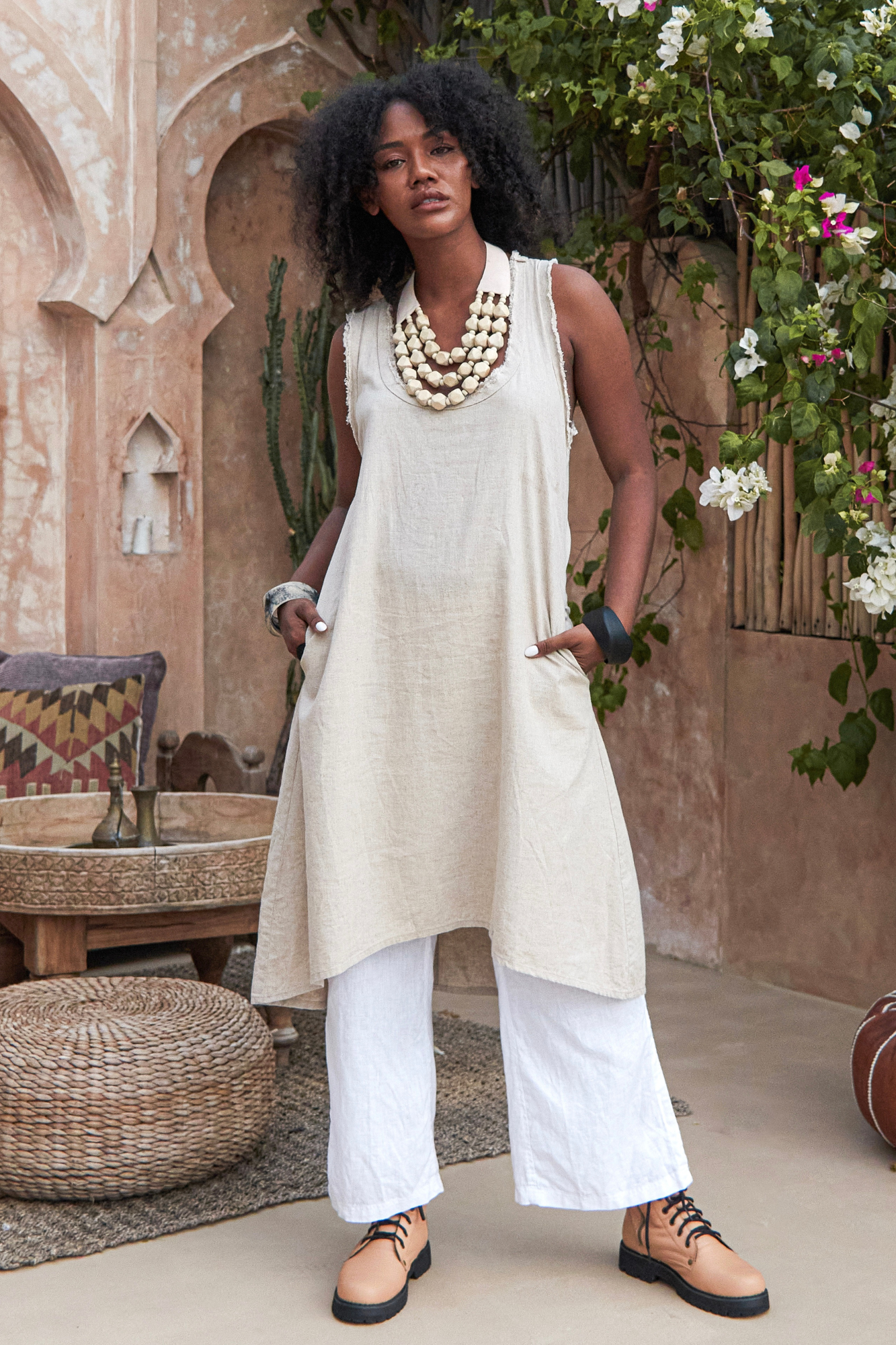 'Cancun' Linen Pant - White/Sand/Black