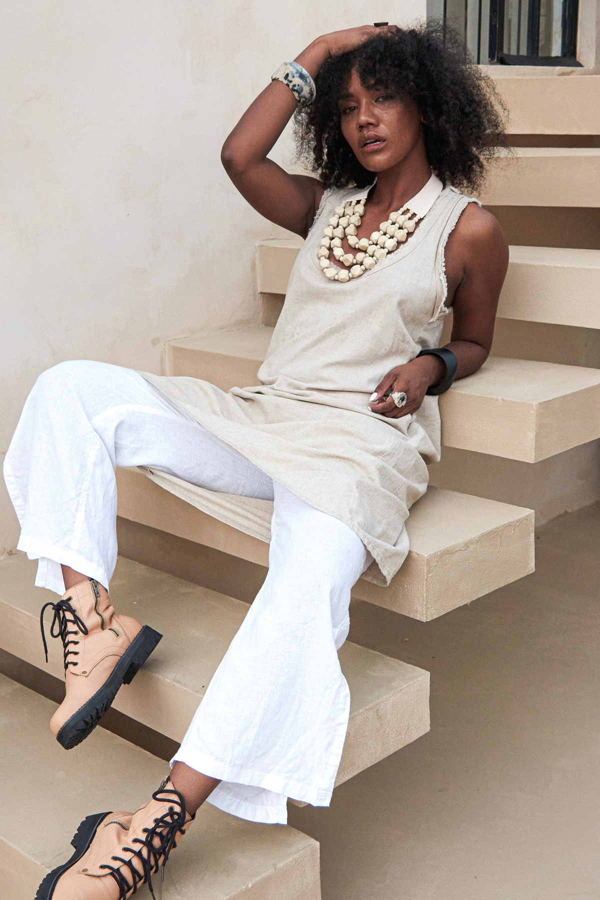 'Dominique' Racer Back Linen Dress - Natural
