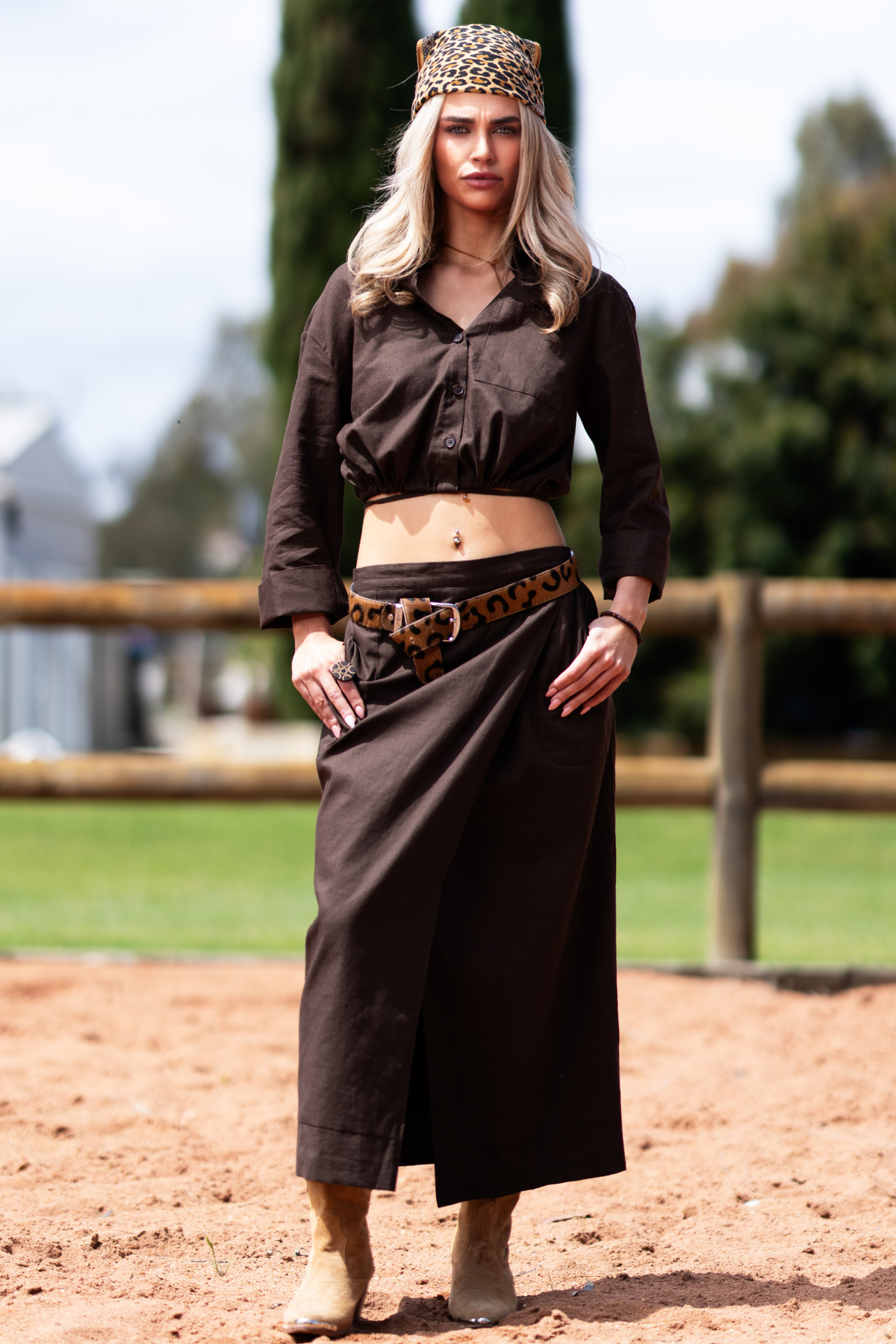 'Indie' Long Linen Skirt - Black/Umber