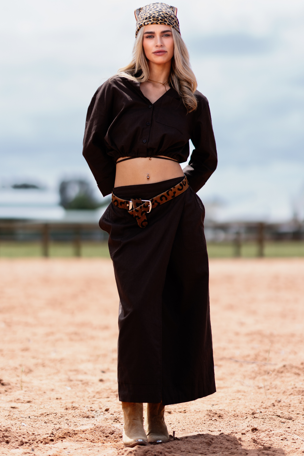 'Indie' Long Linen Skirt - Black/Umber