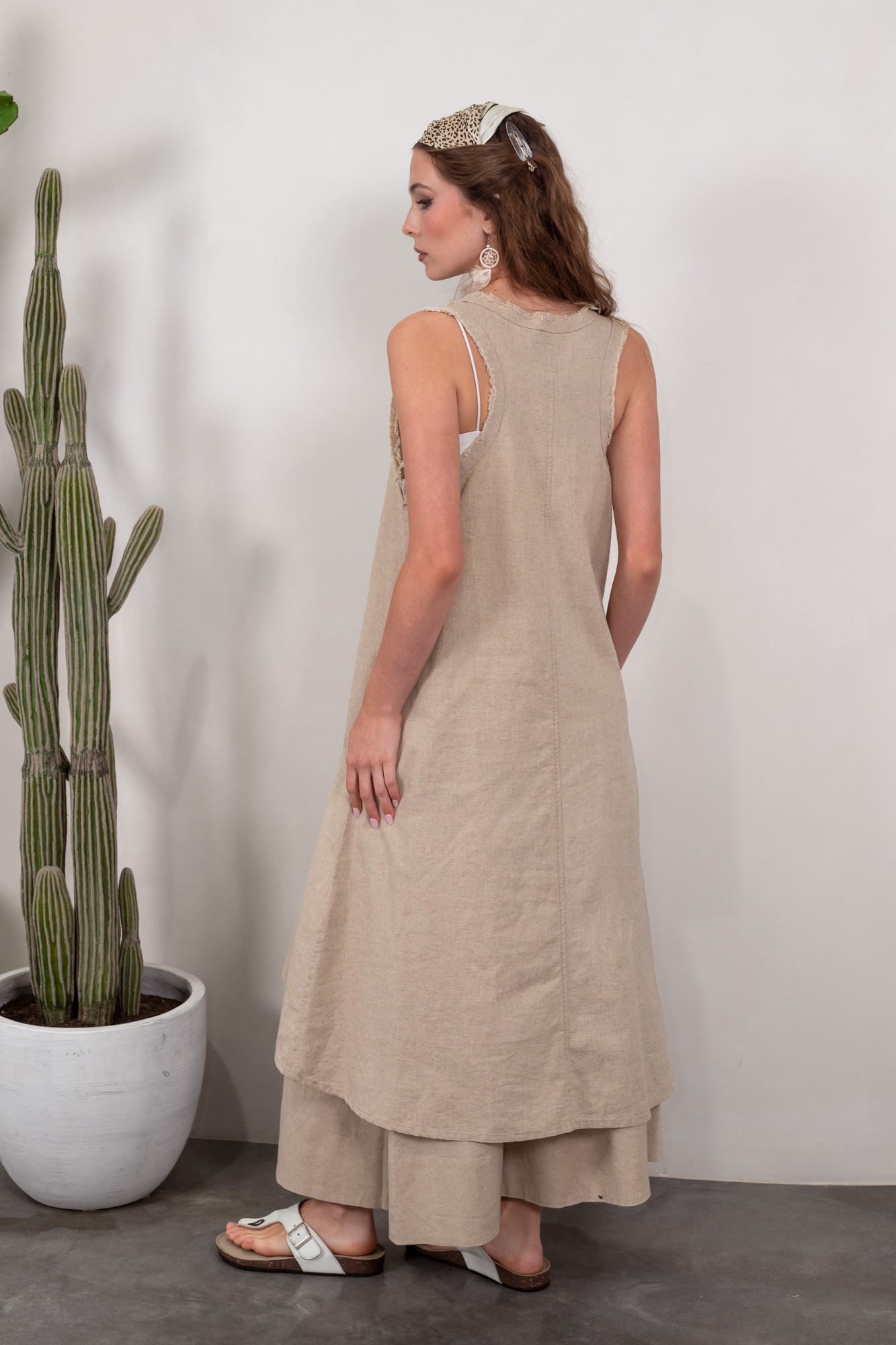 'Dominique' Racer Back Linen Dress - Natural