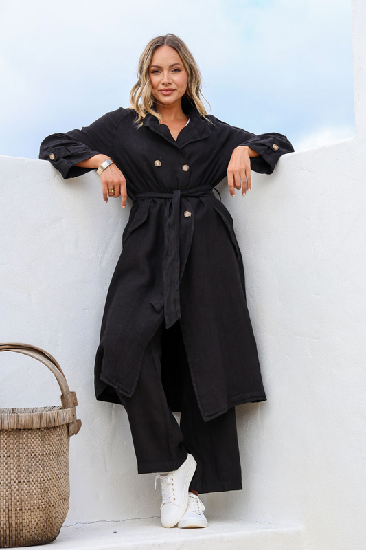 'Teddi' Linen Trench Coat - Black