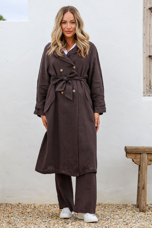 'Teddi' Linen Trench Coat - Chocolate