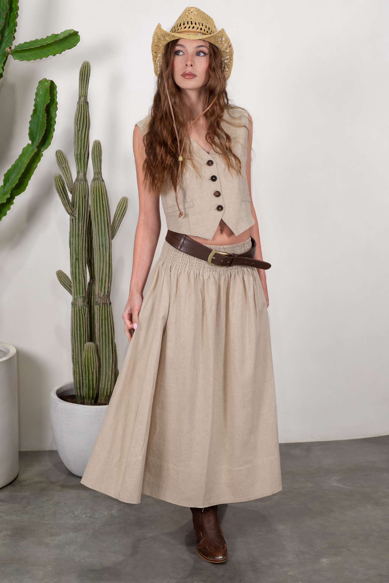 'Dixie' Cotton- Linen Skirt - Sand / Black