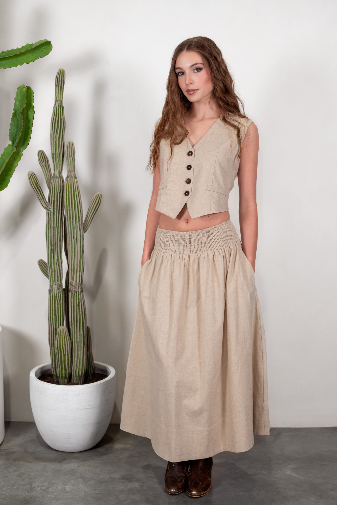 'Dixie' Cotton- Linen Skirt - Sand / Black