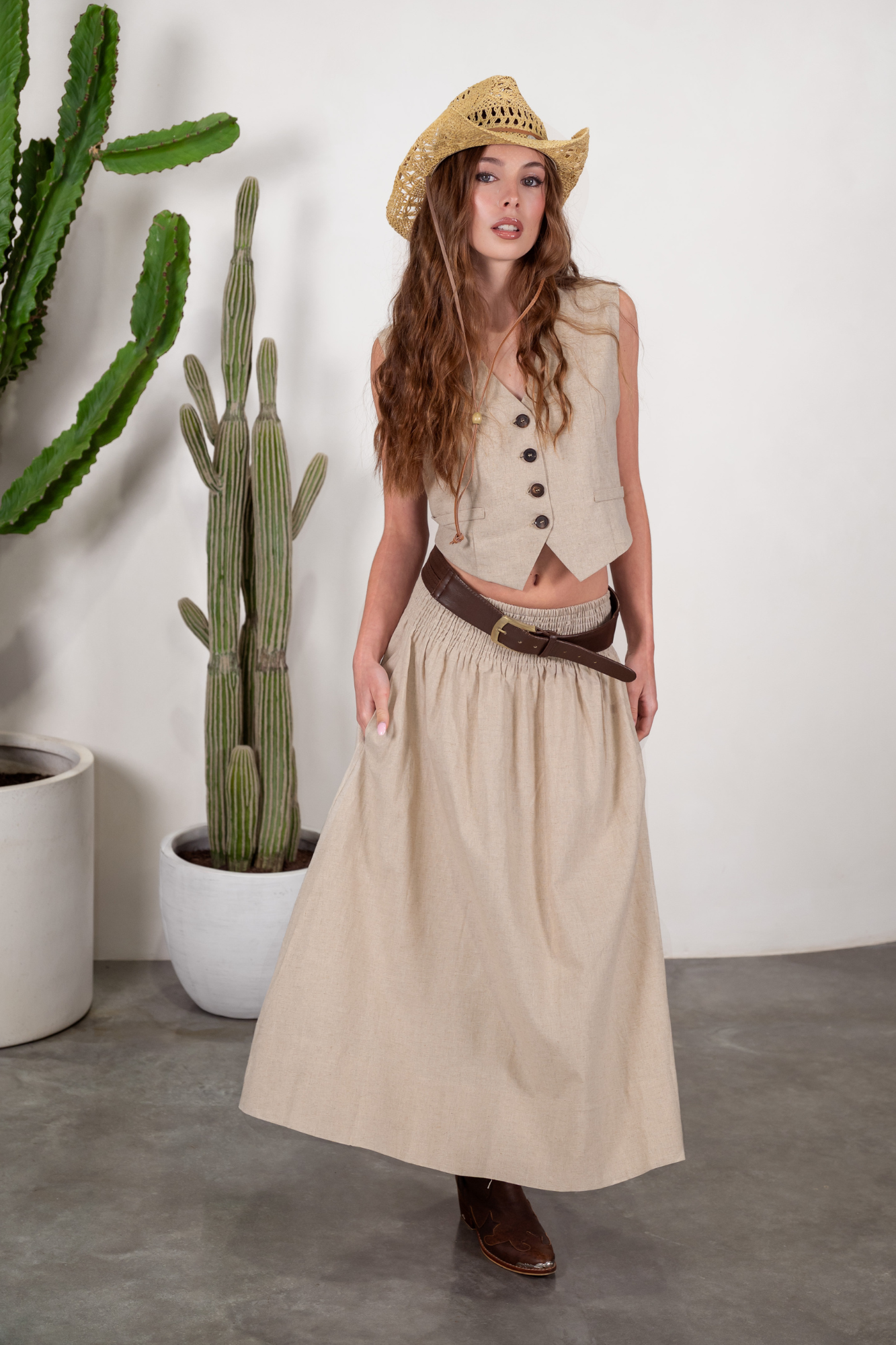 'Dixie' Cotton- Linen Skirt - Sand / Black
