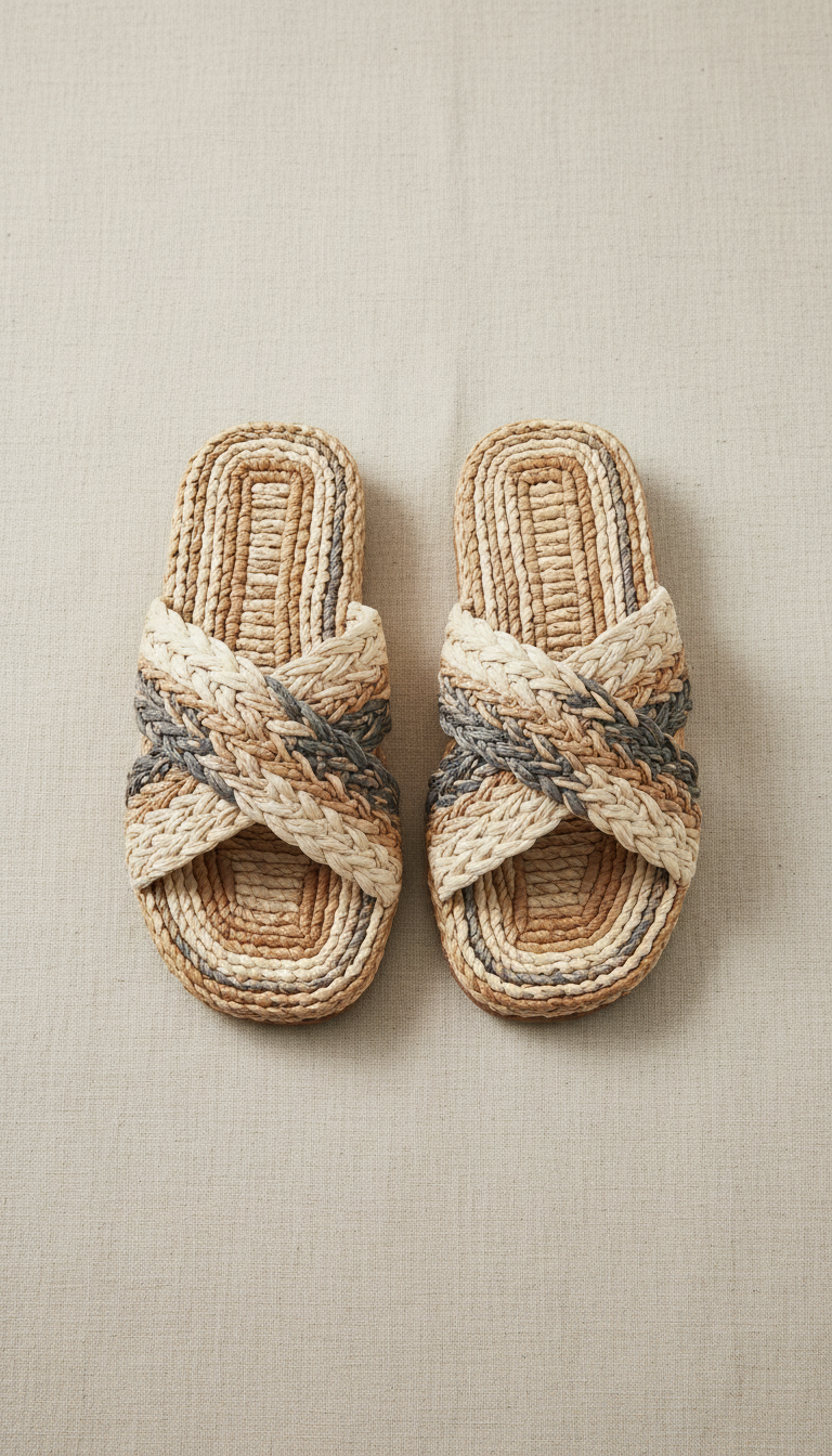Woven Raffia Slide Sandals With Cushioned Sole
