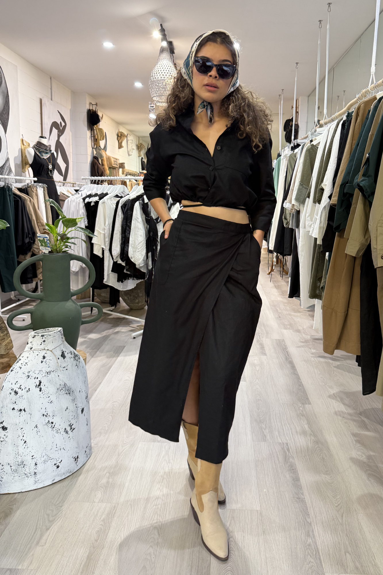 'Indie' Long Linen Skirt - Black/Umber